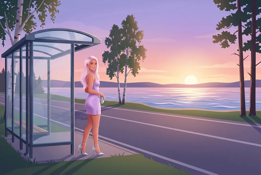 Illustration of the same character waiting beside a glass bus shelter on a quiet lakeside road at sunset, birch trees and the low sun over the water behind her.