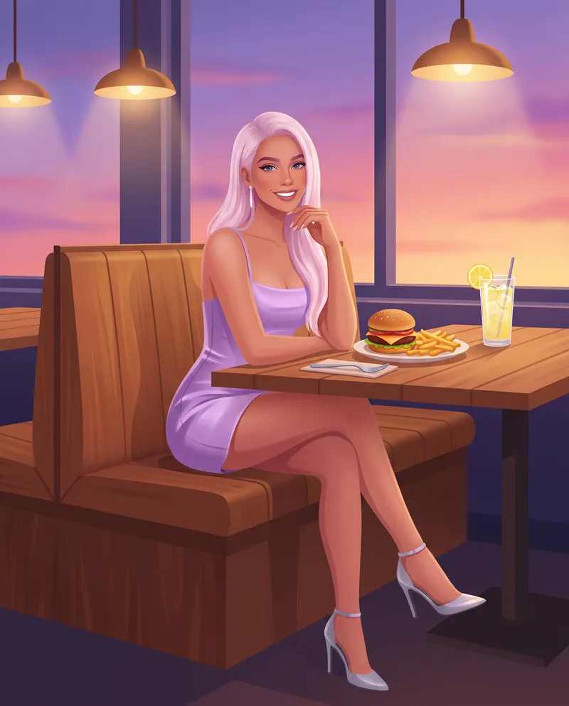 Illustration of the same character in a wooden pub booth by a big window with a sunset sky, a burger, fries and a glass of lemonade on the table.